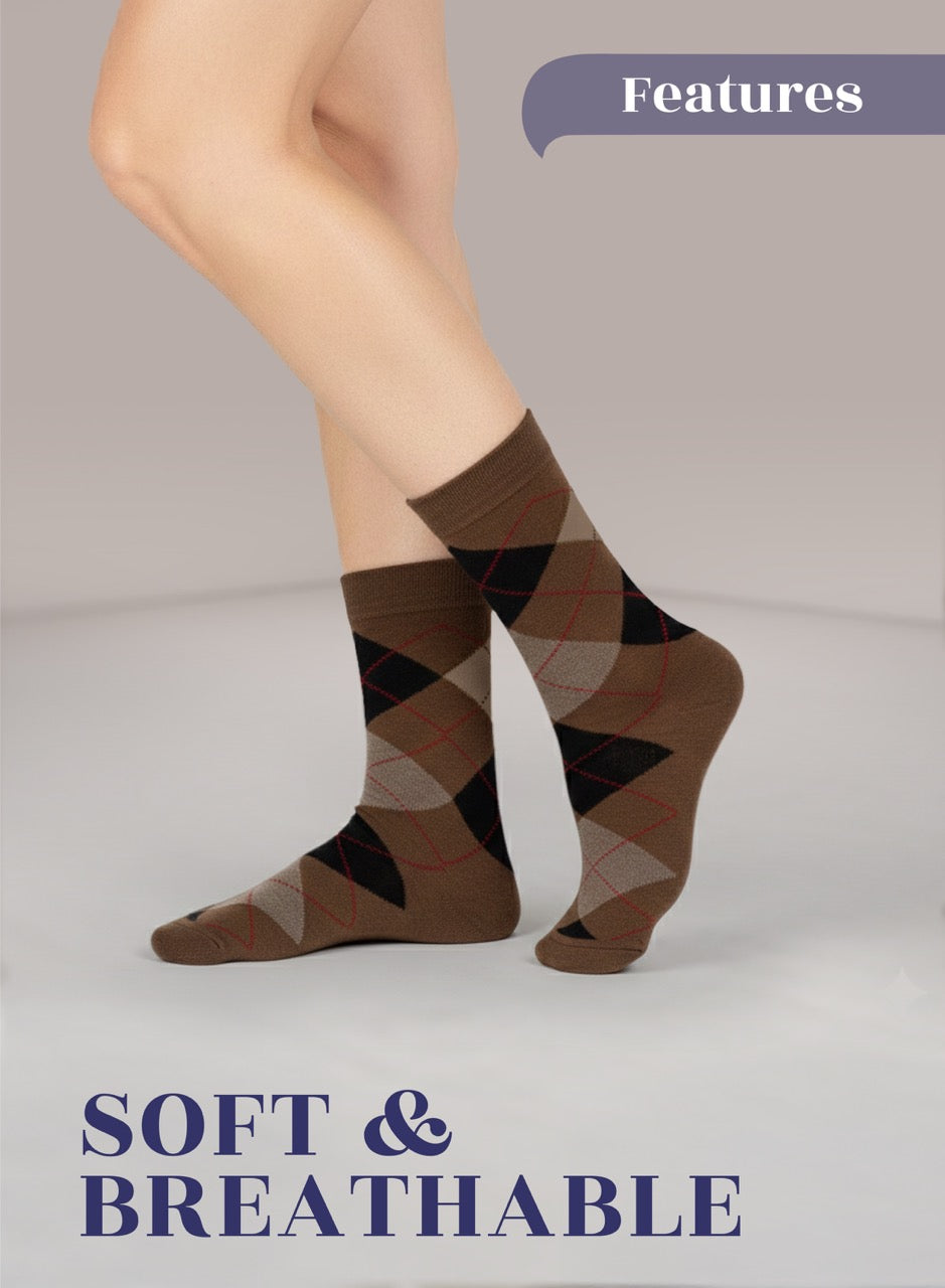 Brown argyle patterned brown socks worn by a person on a light gray background with 'Features' and 'Soft & Breathable' text.