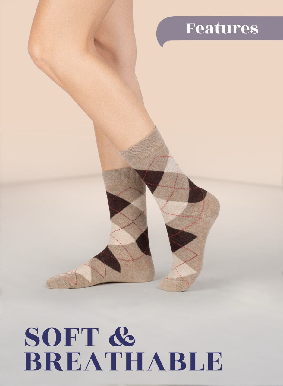 Pair of argyle patterned coffee socks worn by a person on a light background with text 'Soft & Breathable'.