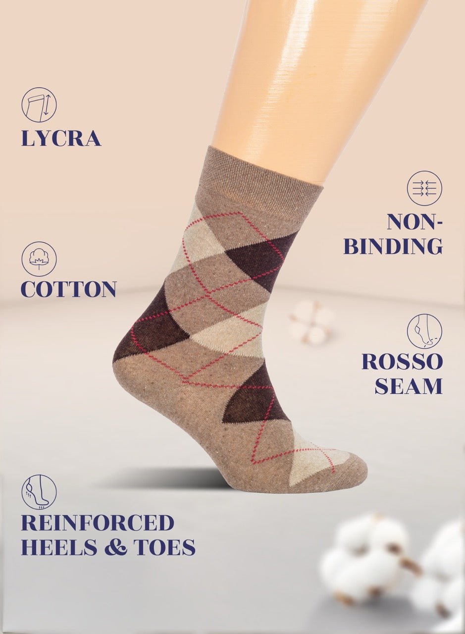 Patterned coffee sock being worn on a mannequin leg with product features highlighted.