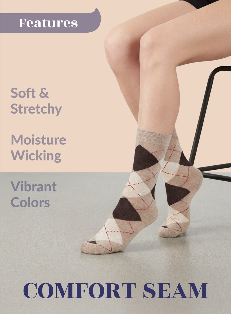 Person wearing argyle pattern coffee socks with text highlighting features on a plain background