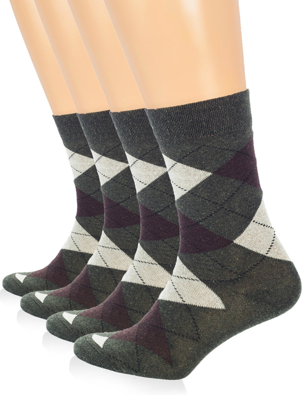 Set of four argyle pattern Dark Army Green socks on a white background