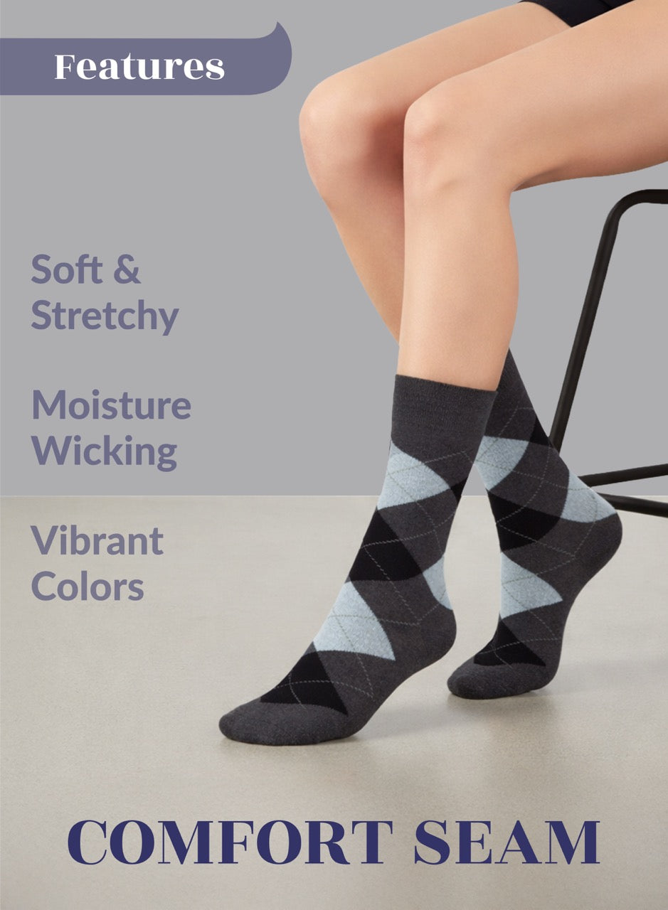 Person wearing dark grey argyle pattern socks with text highlighting features on a gray background
