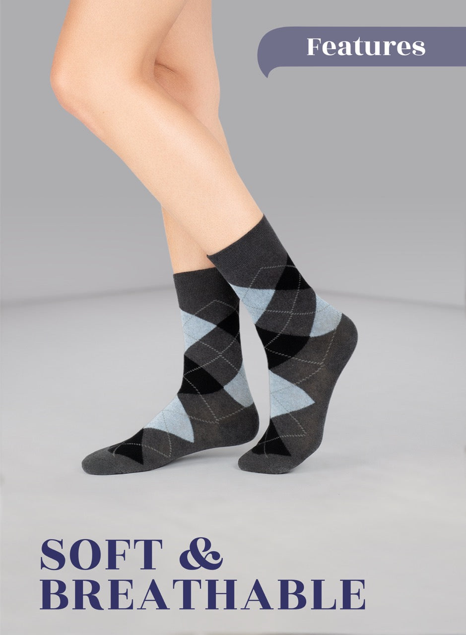 Person wearing dark grey argyle pattern socks on a light gray background with 'Features' and 'Soft & Breathable' text.