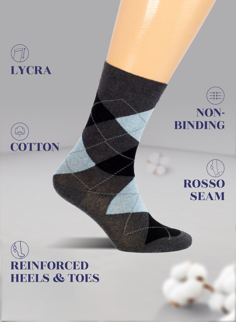 Pair of argyle pattern dark grey socks on a mannequin leg with product features highlighted.