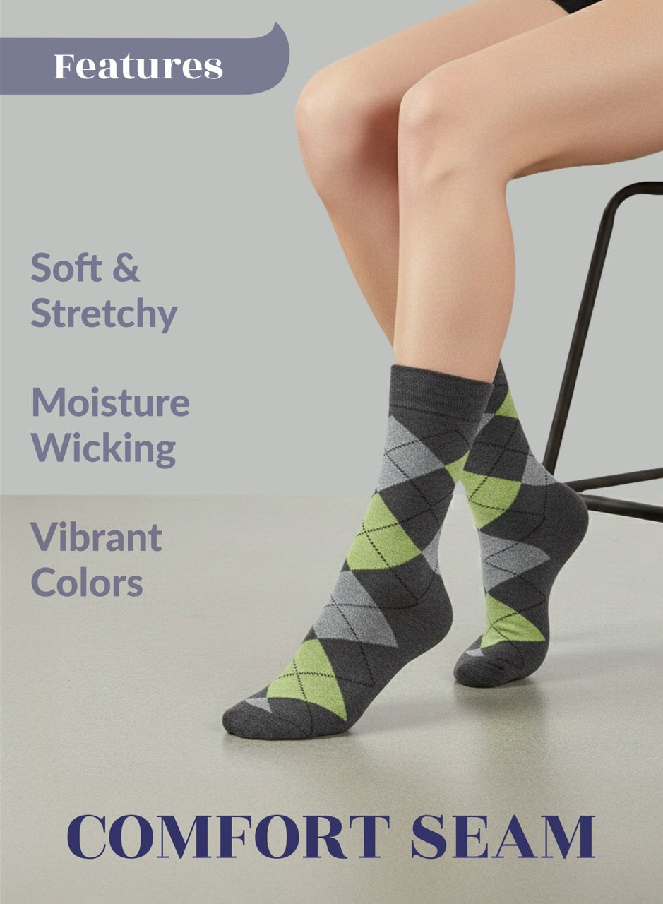 Person wearing argyle pattern Grey socks with text highlighting features on a gray background