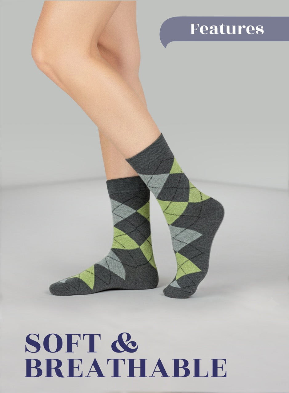 Gray argyle patterned socks on a light gray background with 'Features' text at the top.