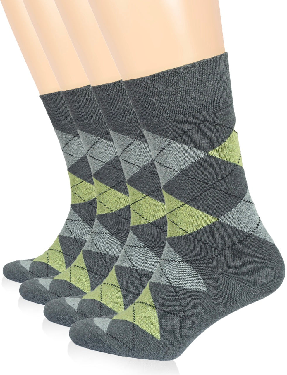 Set of grey and green patterned socks on a white background