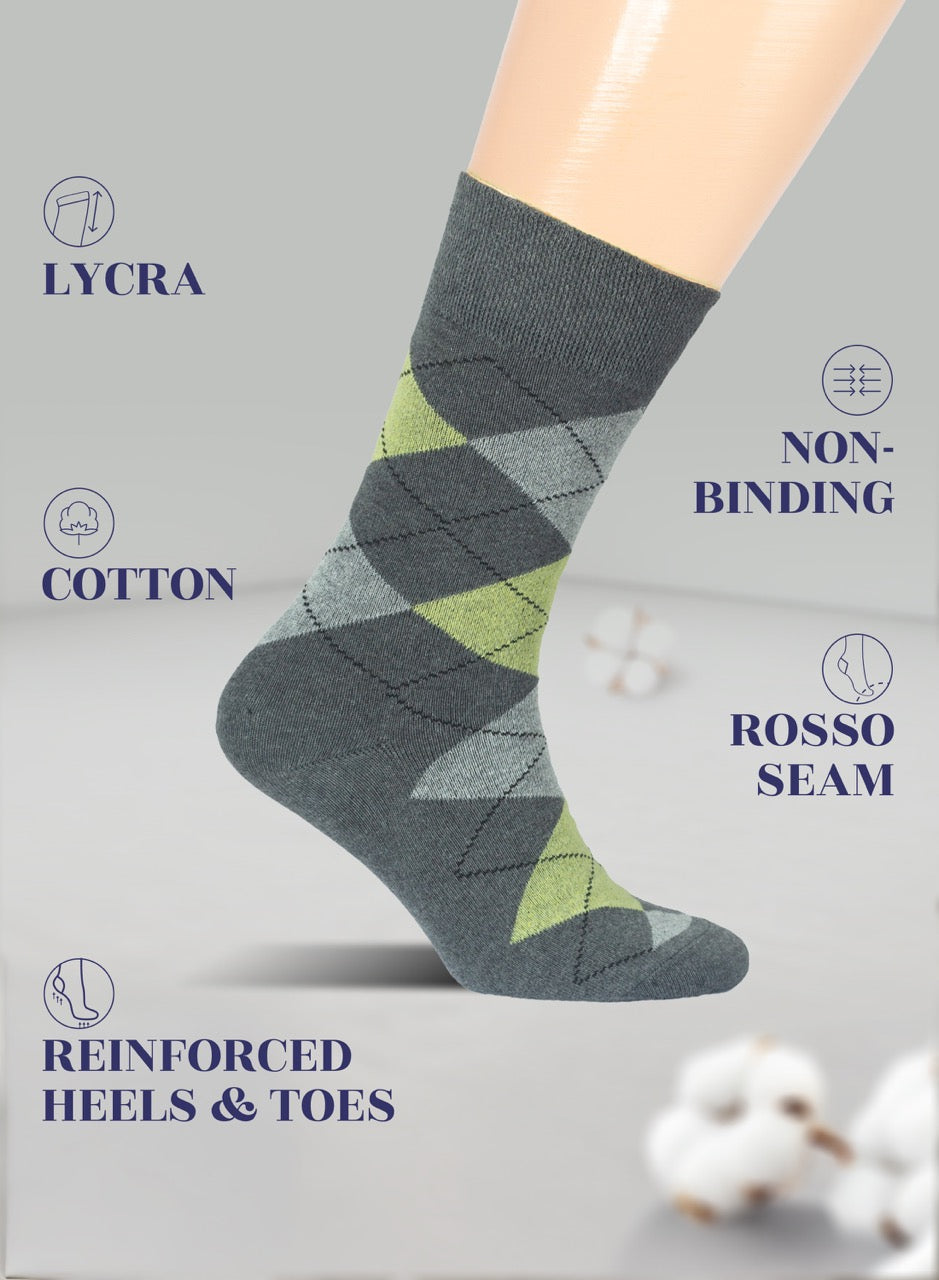 Grey argyle socks with green accents on a light gray background, featuring text on sock properties.