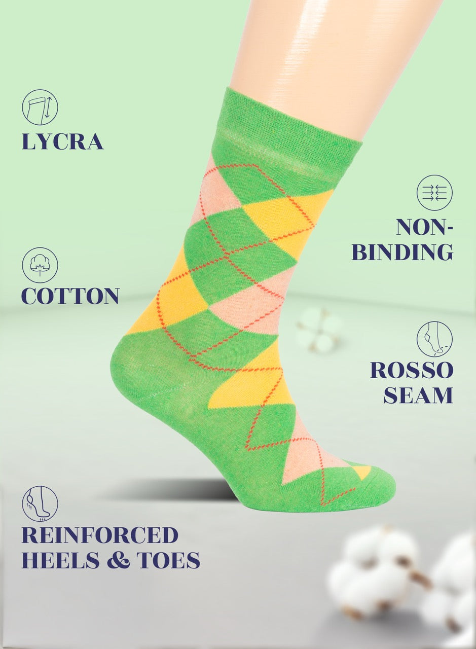 Green argyle patterned socks with text highlighting features on a light green background