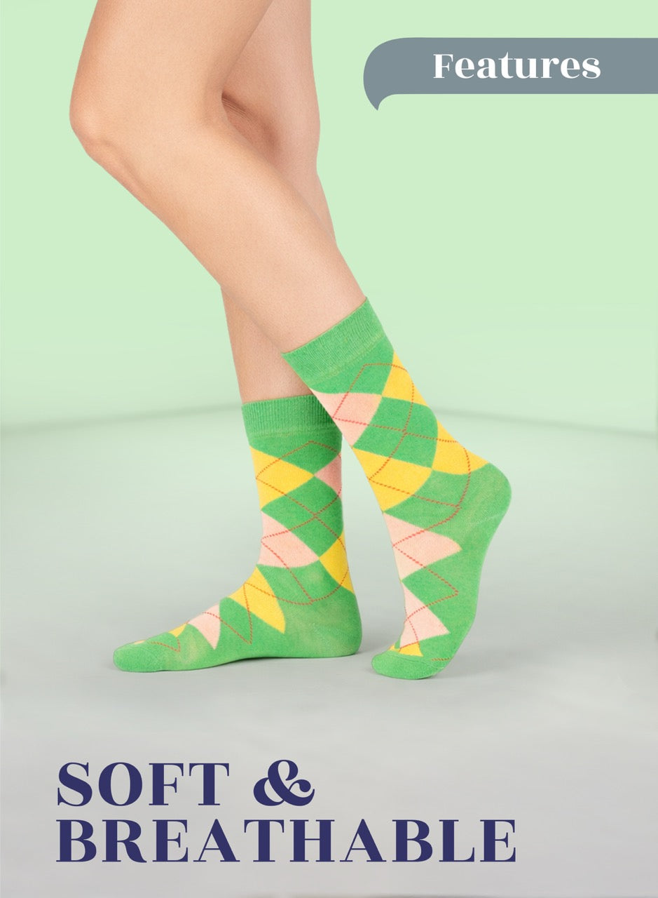 Green argyle socks worn by a person on a light green background with text 'Features' and 'Soft & Breathable'.