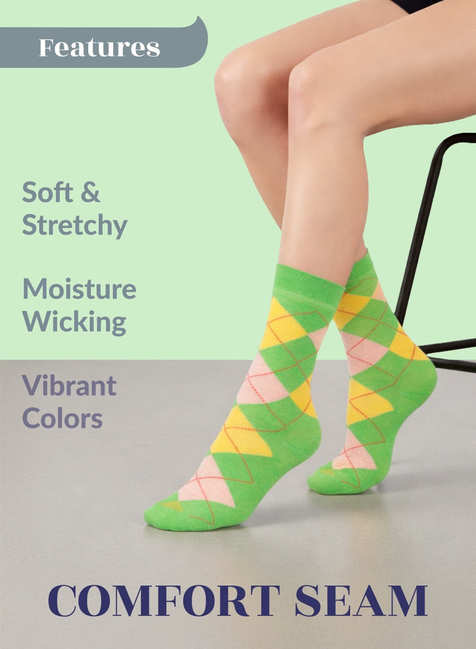Person wearing green argyle socks with text highlighting features on a light green background