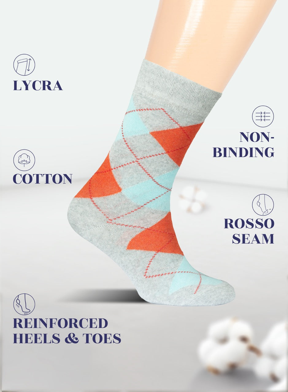 Light Grey sock with geometric pattern on a light gray background, featuring text on materials and features.