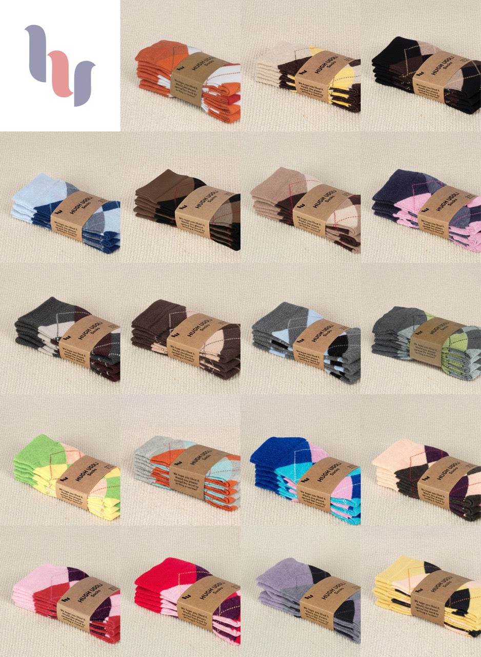 Colorful Cotton Dress Crew Argyle Socks for Women Packaged socks in various colors on a beige background