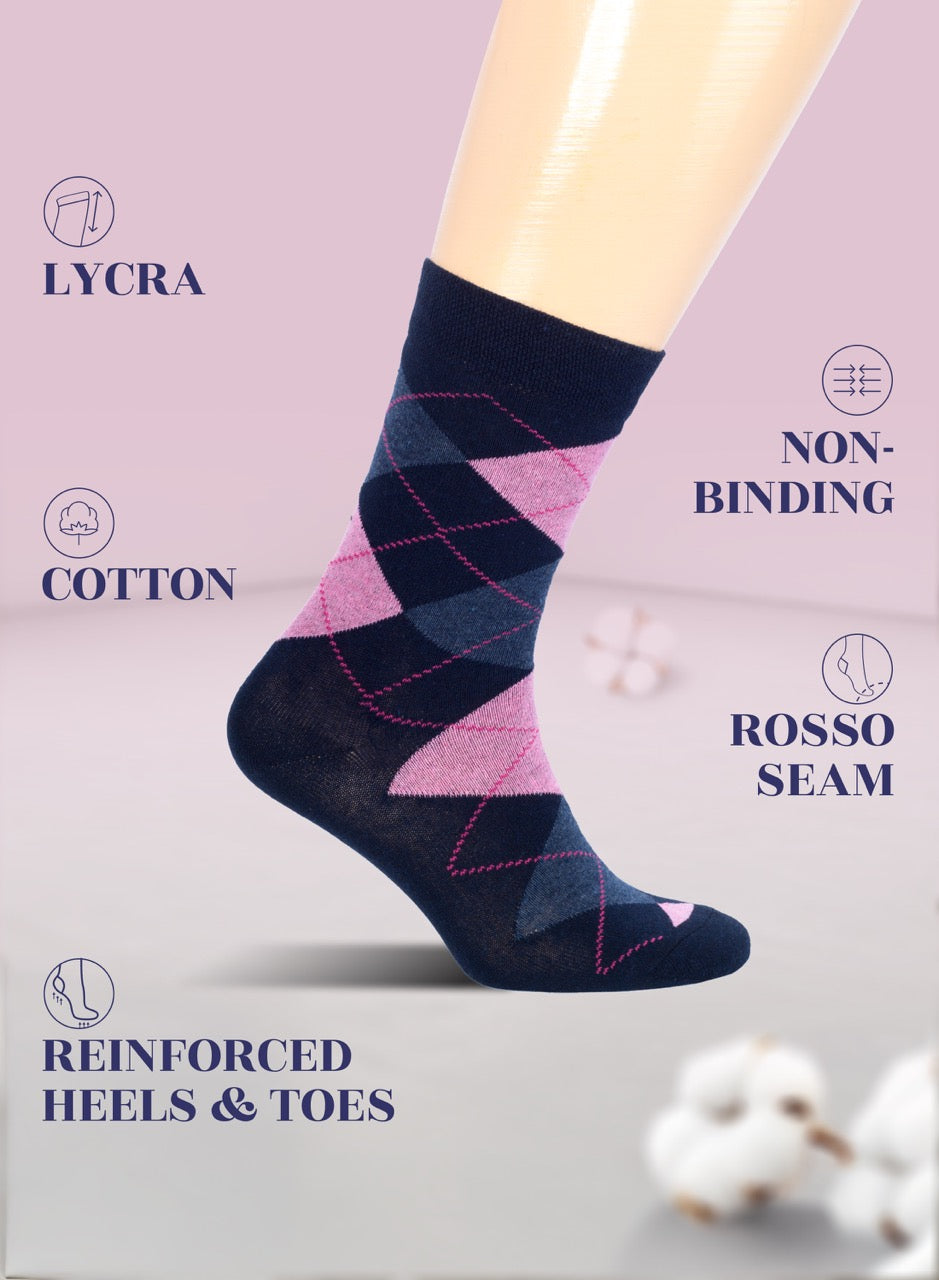 Navy argyle socks with pink accents on a light gray background, featuring Lycra, cotton, non-binding, Rosso Seam, and reinforced heels & toes text.