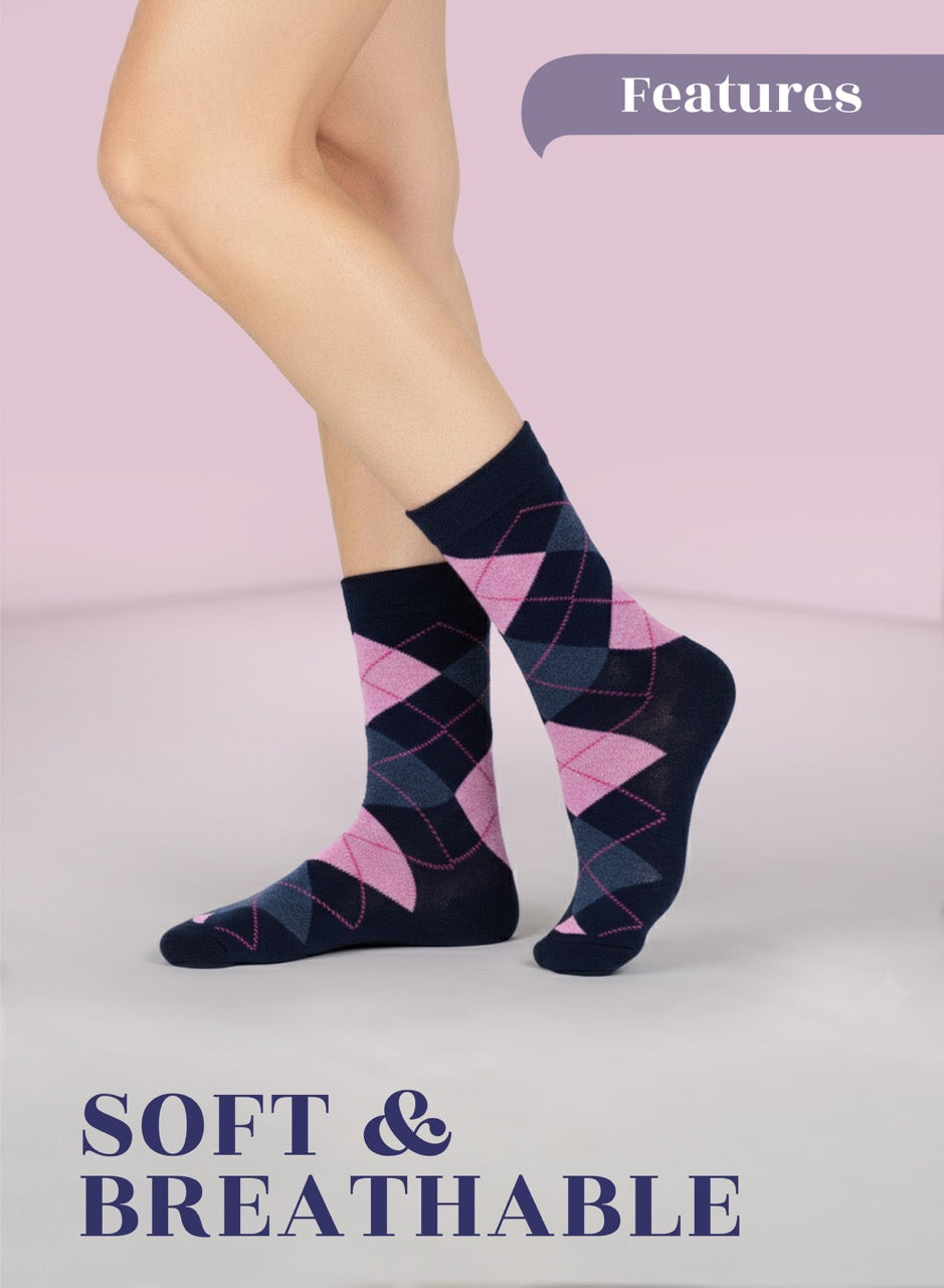 Person wearing dark blue and pink argyle socks on a light pink background with 'Features' and 'Soft & Breathable' text.