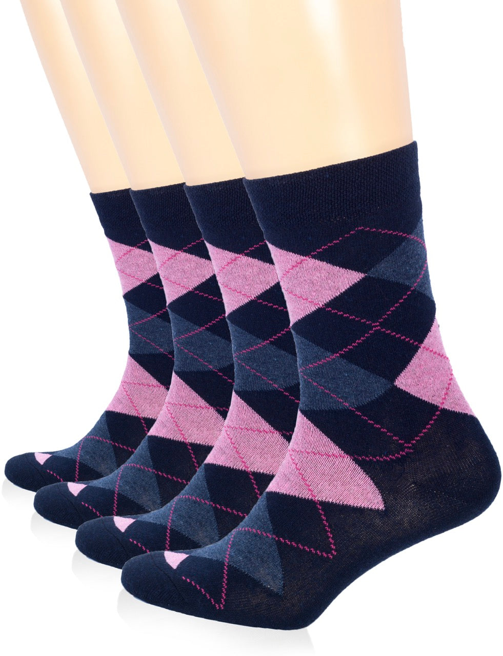 Set of four pairs of navy blue and pink argyle pattern socks on a white background
