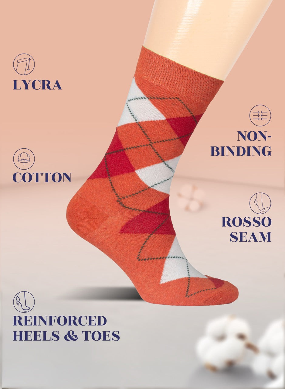 Orange argyle sock with text highlighting features on a beige background