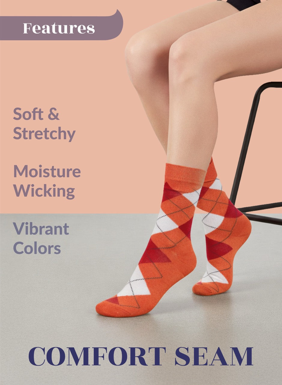 Person wearing orange argyle socks with text highlighting features on a peach background