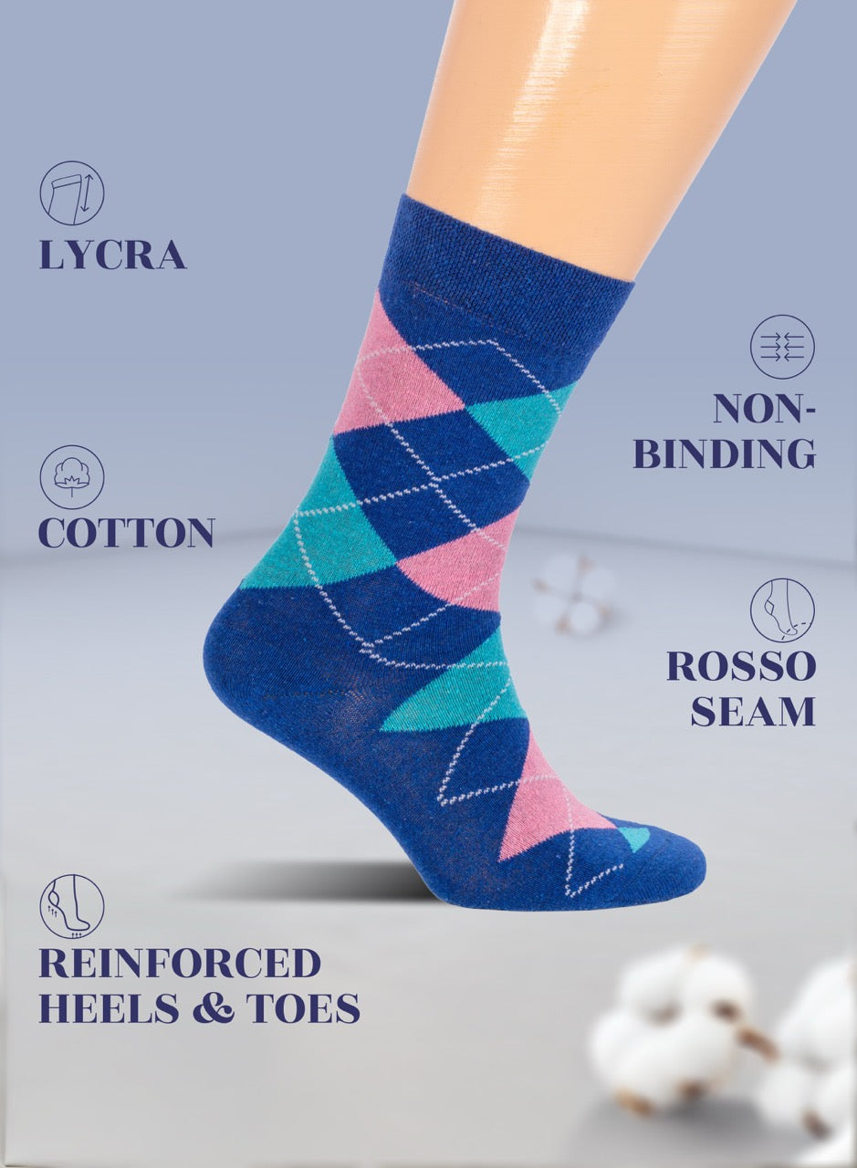 parliament argyle patterned sock on a leg with product features listed.