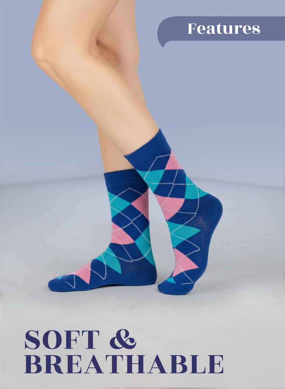 parliament argyle patterned socks worn by a person on a light gray background with 'Features' and 'Soft & Breathable' text.