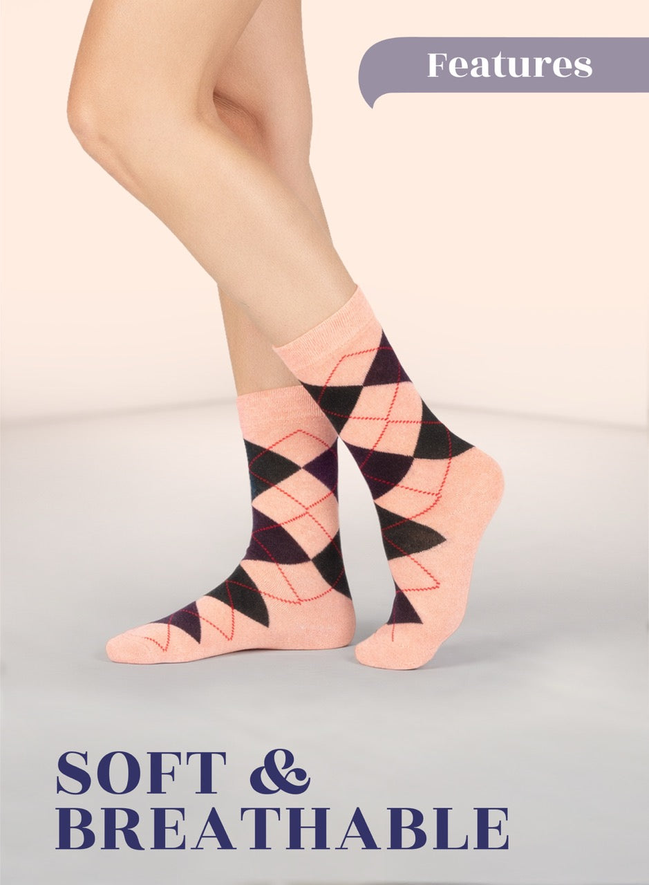 Person wearing peach argyle socks with text 'Features' and 'Soft & Breathable' on a light background