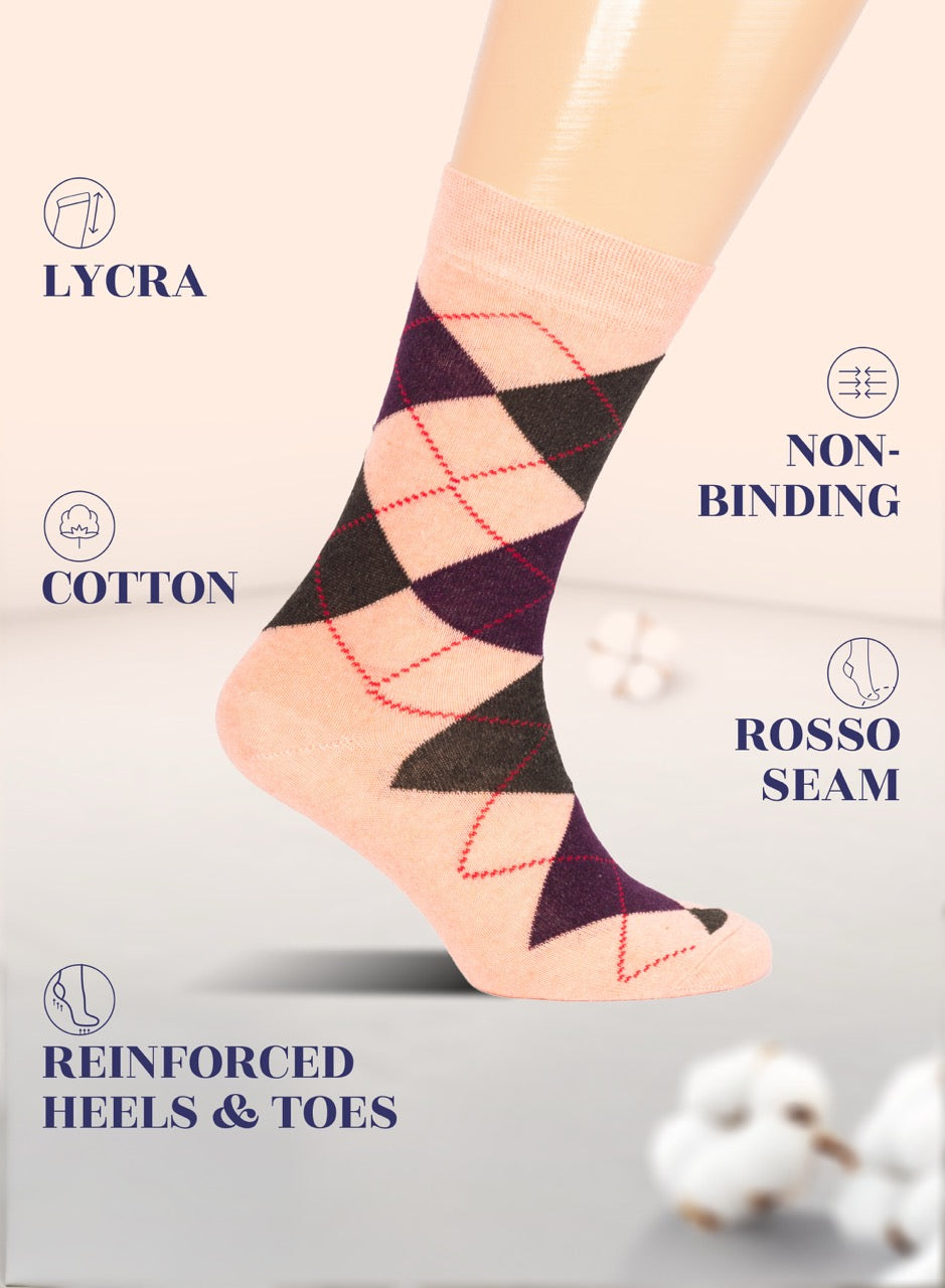 Peach Argyle patterned socks with text highlighting features on a light background