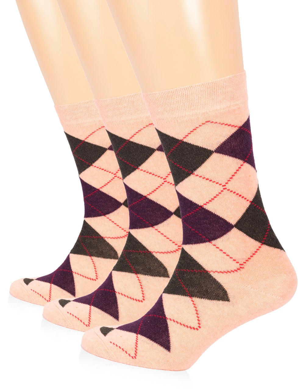 Geometric peach patterned socks on a white background
