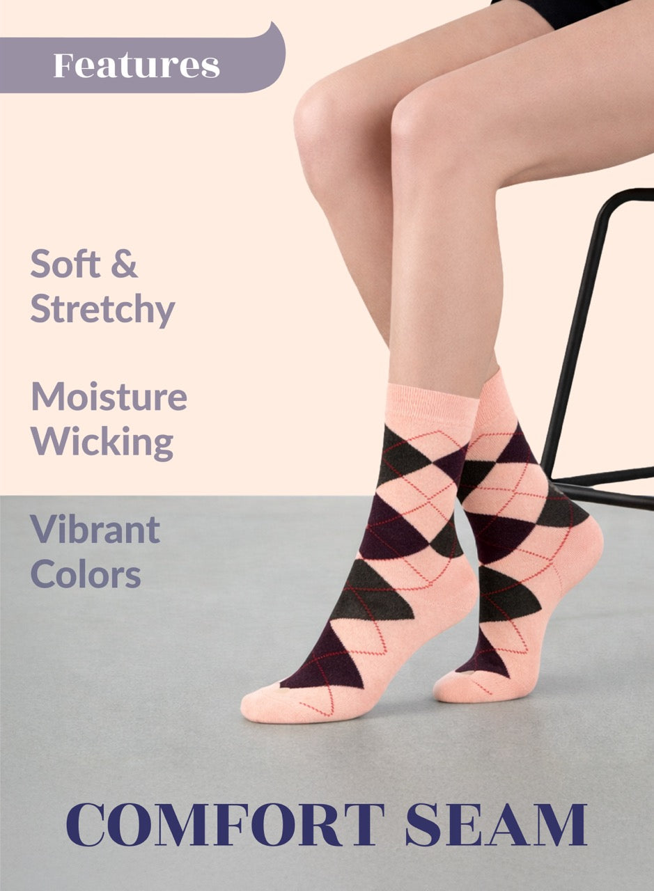 Person wearing peach argyle socks with text highlighting features on a beige and gray background