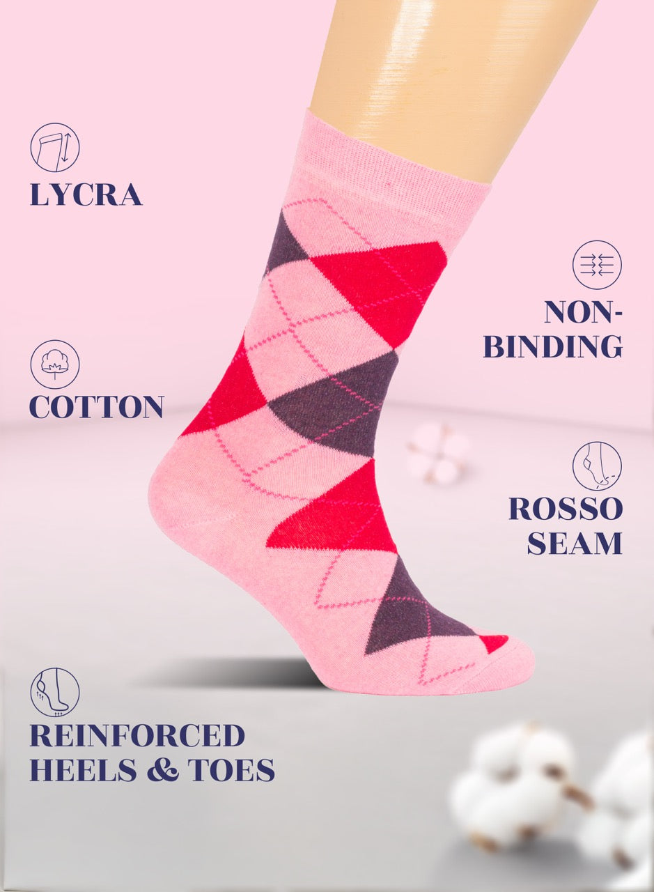 Pink argyle sock with text highlighting features on a pink background