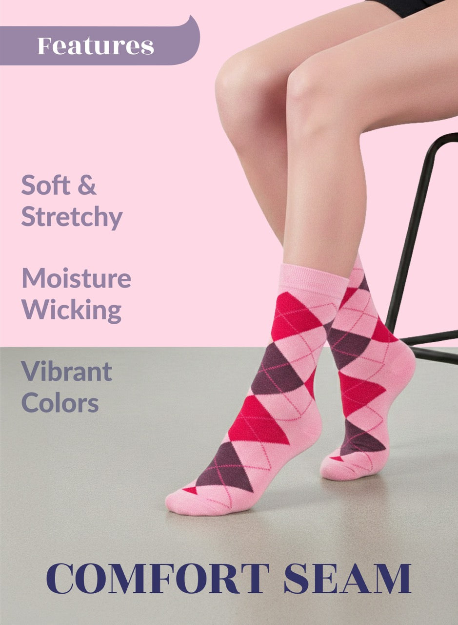 Person wearing pink argyle socks with text highlighting features on a pink background