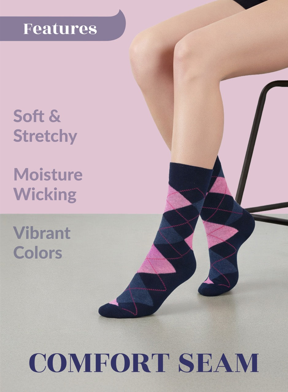 Person wearing navy blue and pink argyle pattern socks with text highlighting features on a pink background
