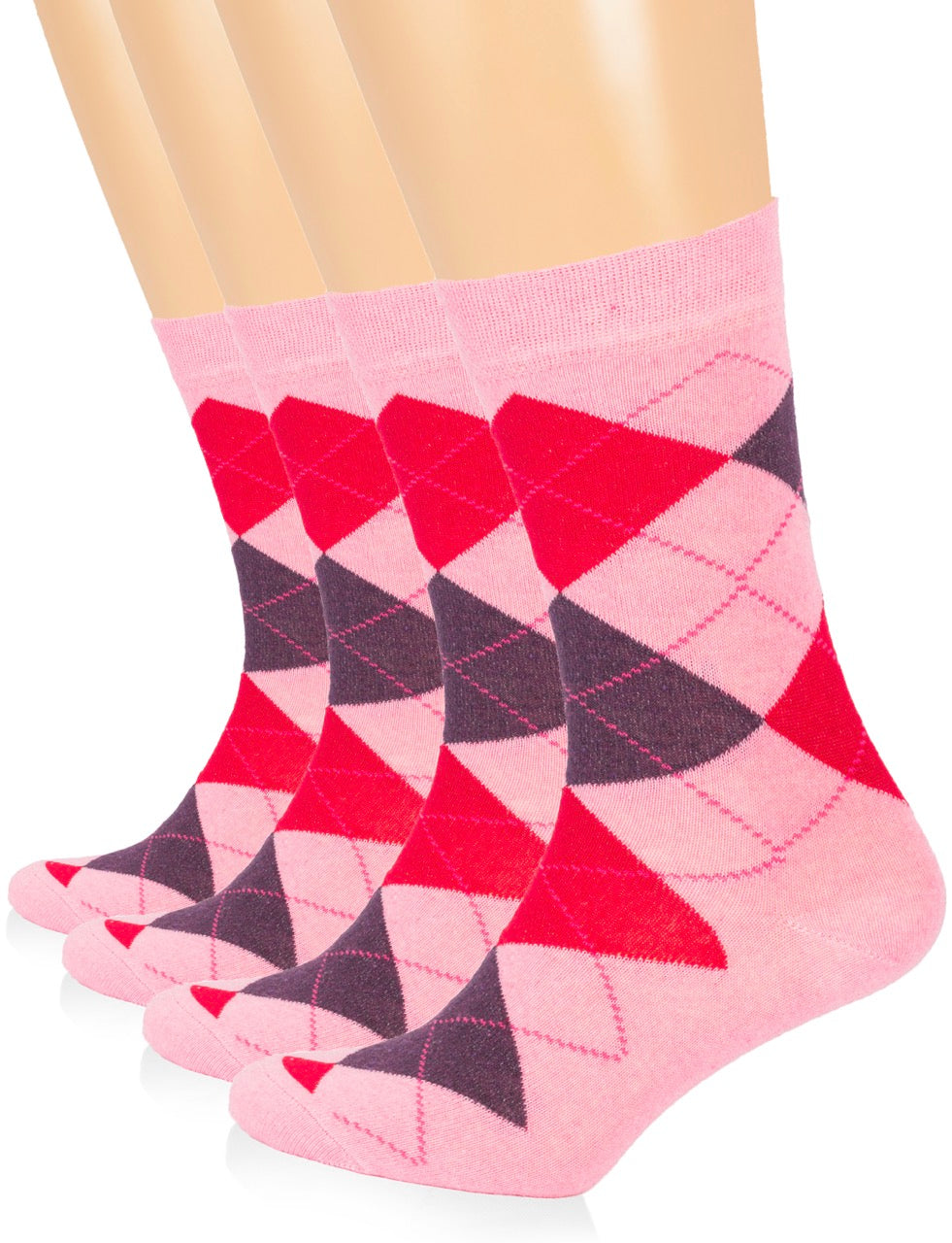 Pink and red argyle patterned socks on a white background