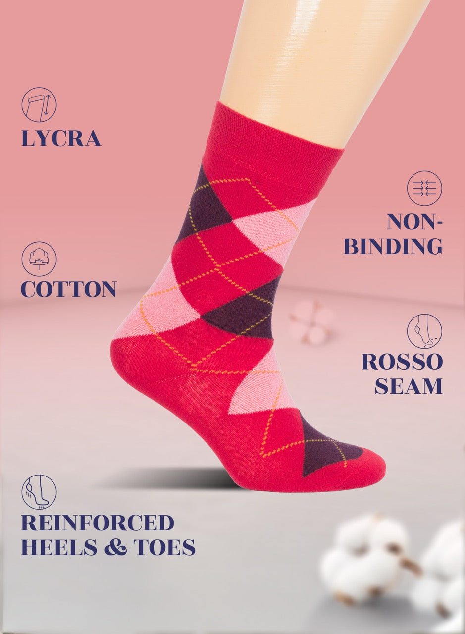 Red argyle patterned sock on a pink background with text about sock features.