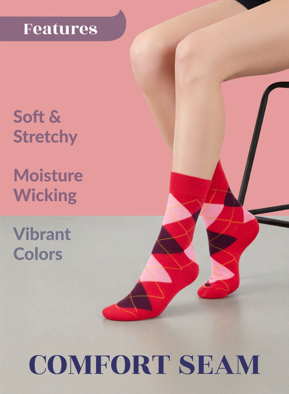 Person wearing red argyle socks with text highlighting features on a pink background