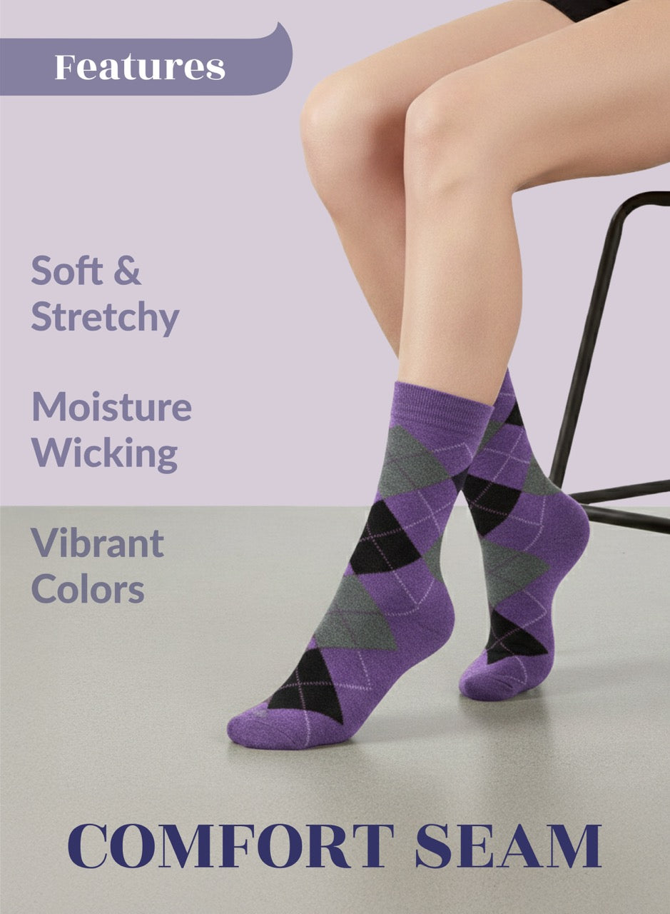 Person wearing violet argyle socks with text highlighting features on a light gray background