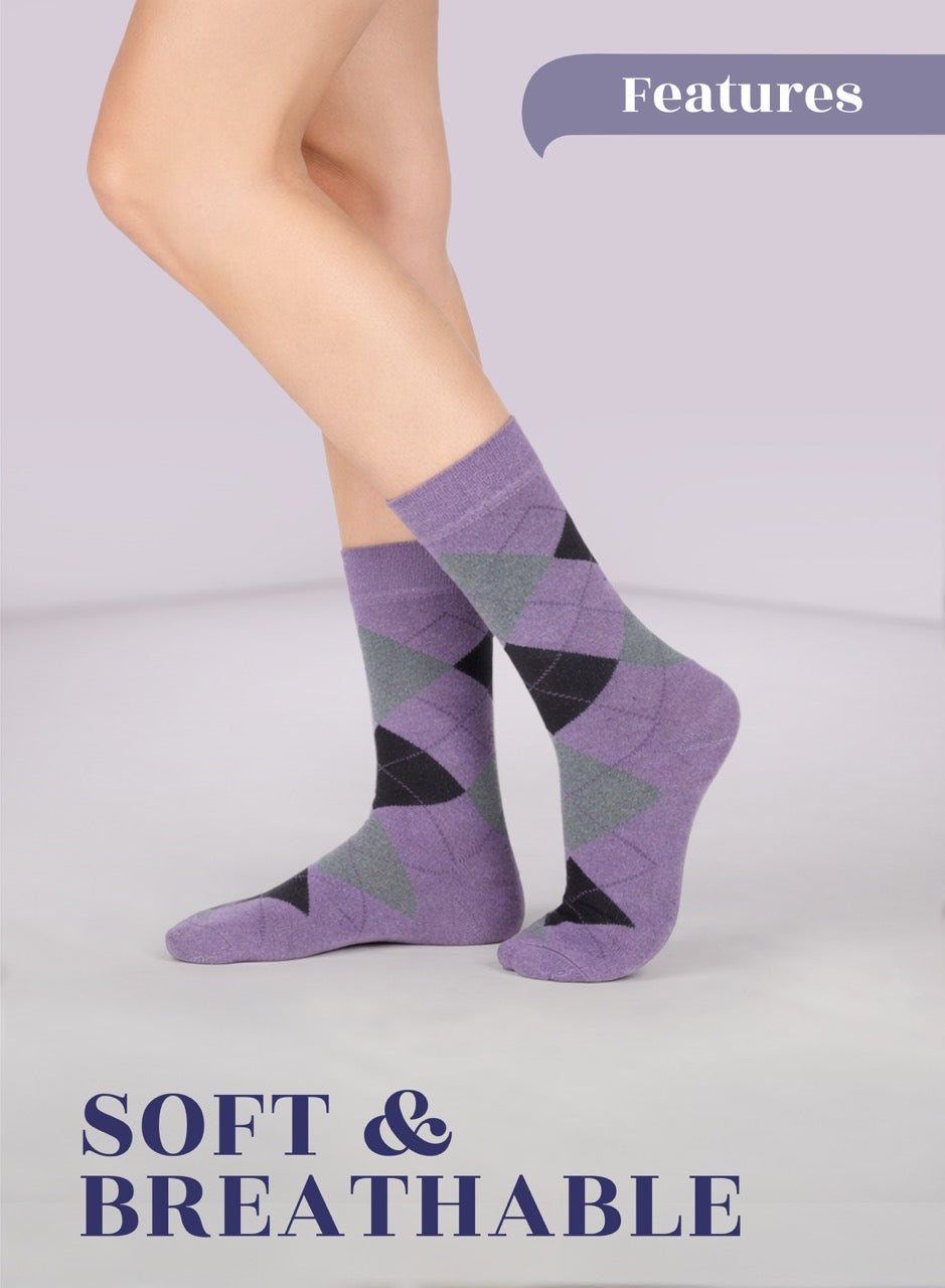 Violet argyle socks worn by a person on a light gray background with 'Features' and 'Soft & Breathable' text.