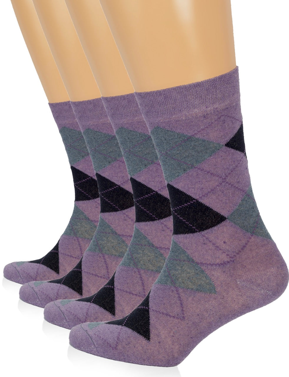 Pair of violet argyle socks on a mannequin foot with a white background
