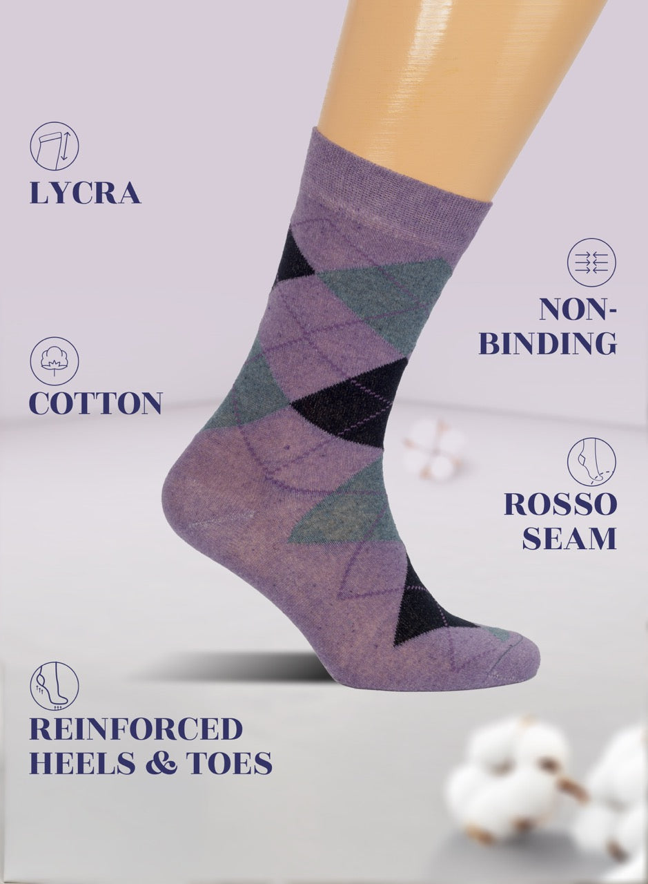 Violet Patterned sock on a mannequin foot with text highlighting features like Lycra, cotton, non-binding, Rosso Seam, and reinforced heels & toes.