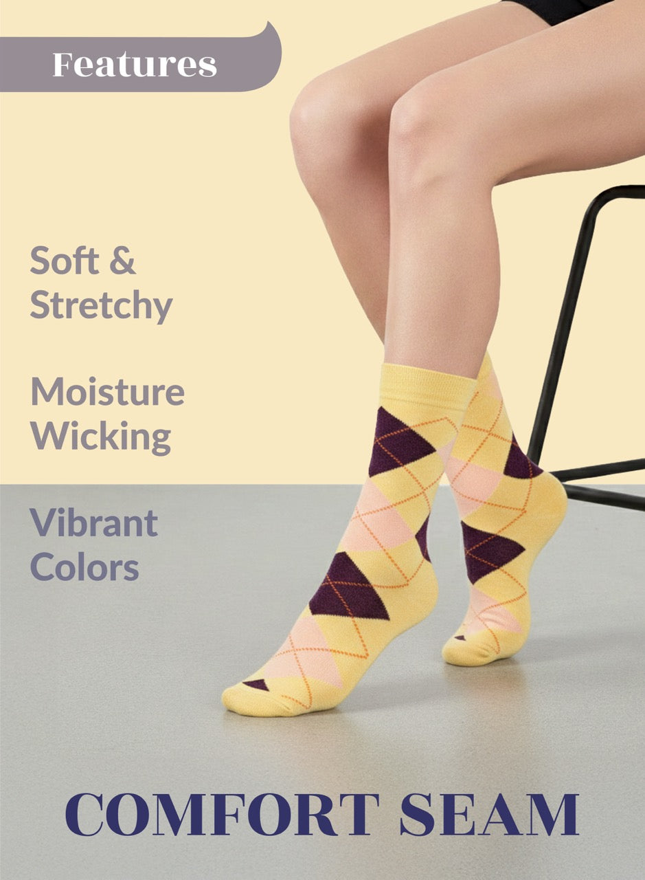 Person wearing yellow argyle socks with text highlighting features on a light background