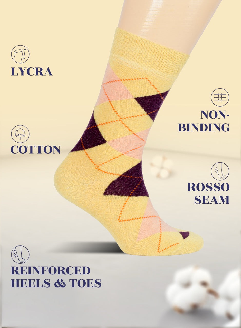 Colorful argyle patterned yellow socks with text highlighting features on a light background