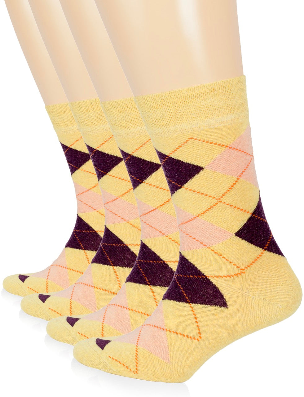 Yellow socks with a geometric pattern worn by a person on a white background