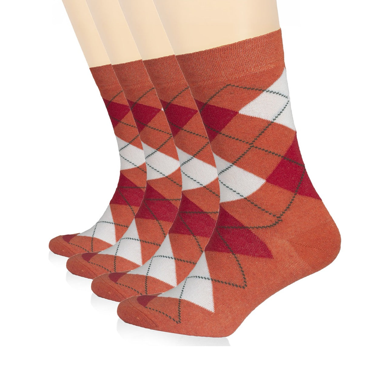 Hugh Ugoli Colorful Cotton Dress Crew Argyle Socks for Women, 4 Pairs in Orange Dark Red