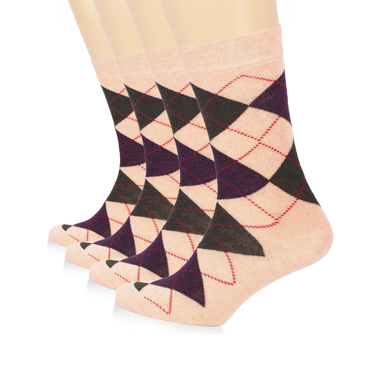 Hugh Ugoli Colorful Cotton Dress Crew Argyle Socks for Women, 4 Pairs in Peach
