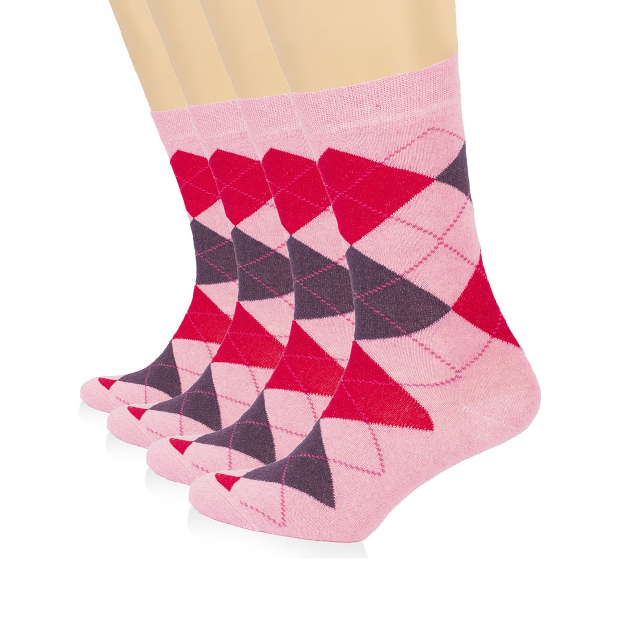 Hugh Ugoli Colorful Cotton Dress Crew Argyle Socks for Women, 4 Pairs in Pink
