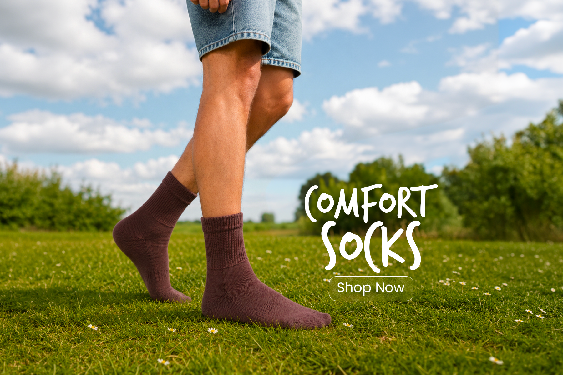 Person wearing brown socks with 'Comfort Socks' text and call to action on a grassy field.