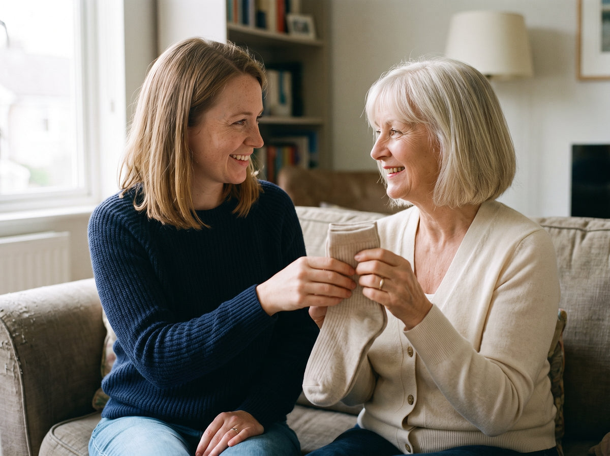 A daughter handing her mother a pair of soft socks
