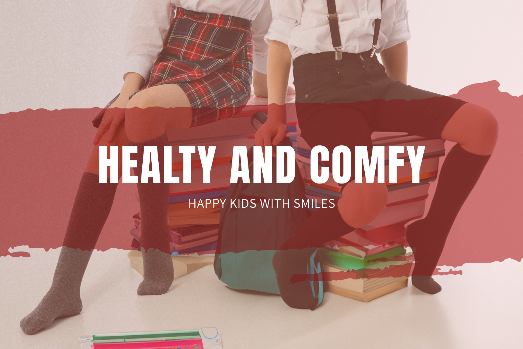 Hugh Ugoli - Children wearing knee-high socks sitting on stacked books with a healthy and comfy message, styled for everyday school comfort