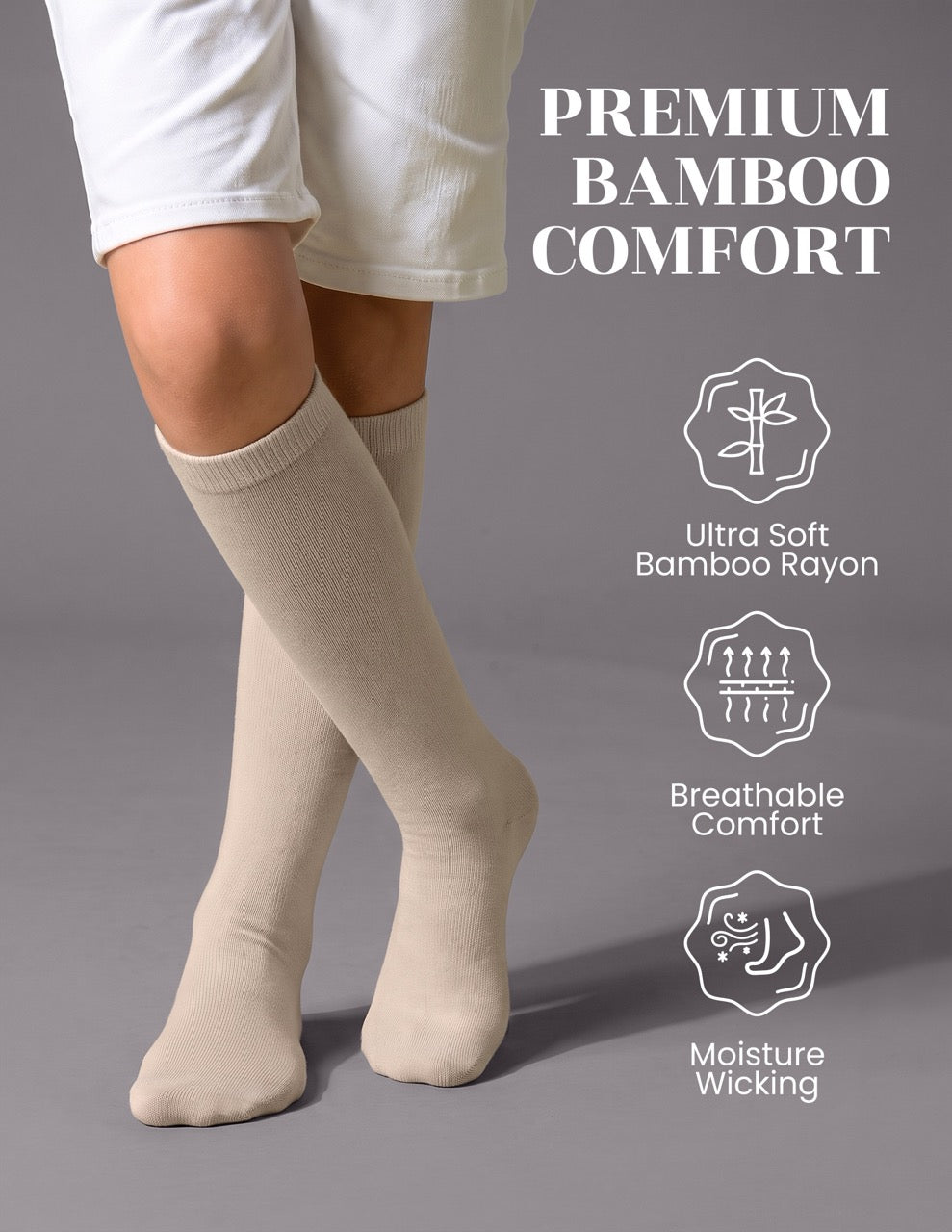 Hugh Ugoli Kids' Bamboo School Knee-High Socks, 3 Pairs in Light Beige