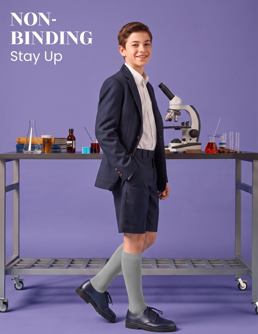 Hugh Ugoli Kids' Plain Cotton Dress Knee-High Socks, 4 Pairs in Light Grey