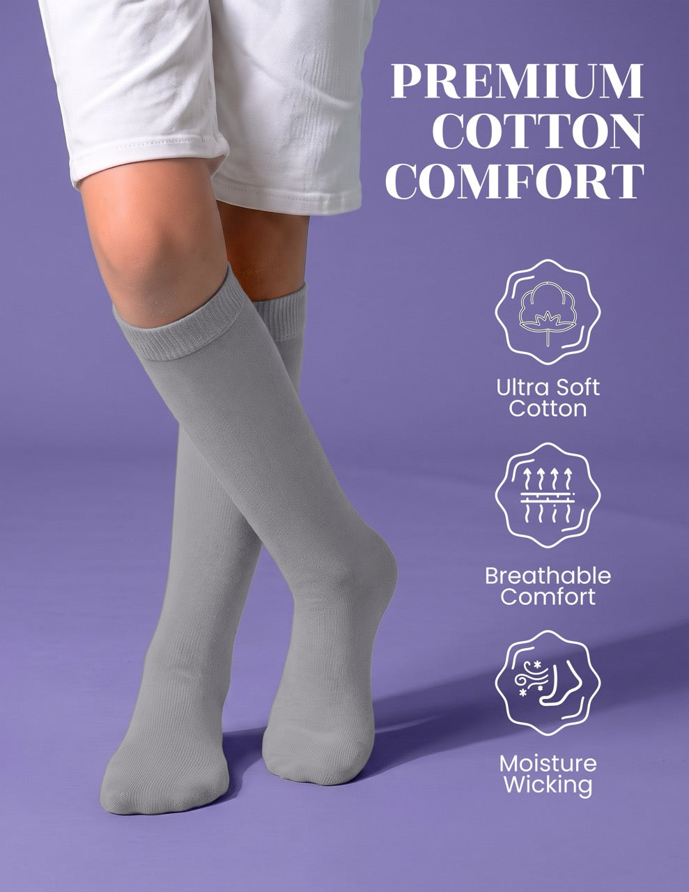 Hugh Ugoli Kids' Plain Cotton Dress Knee-High Socks, 4 Pairs in Light Grey